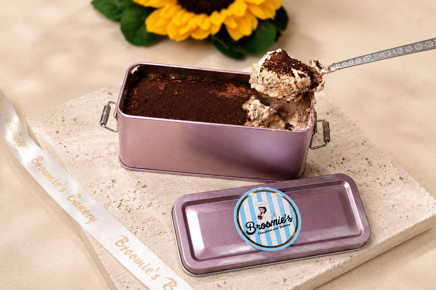 Fresh eggless Tiramisu tin box dessert - Broomies Bakery Faridabad
