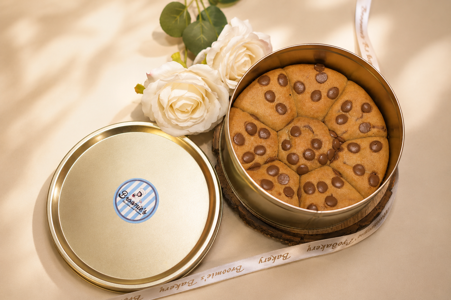 Fresh eggless chocolate cookies packed in a premium gift tin box - Broomies Bakery Faridabad