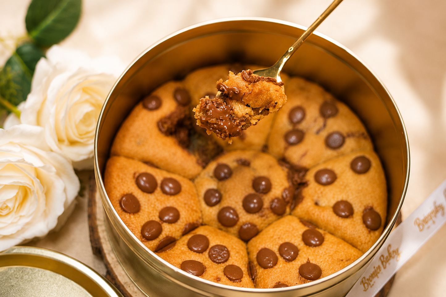Close up view of freshly baked eggless chocolate chip cookies in reusable tin box